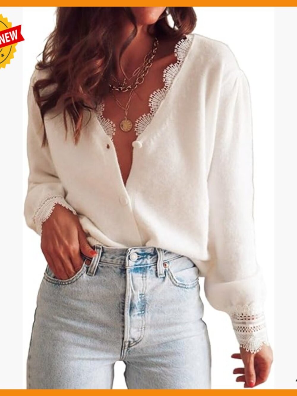 Women's Button Up Cardigan Sweater with Scallop Lace Trim Knit Outerwear